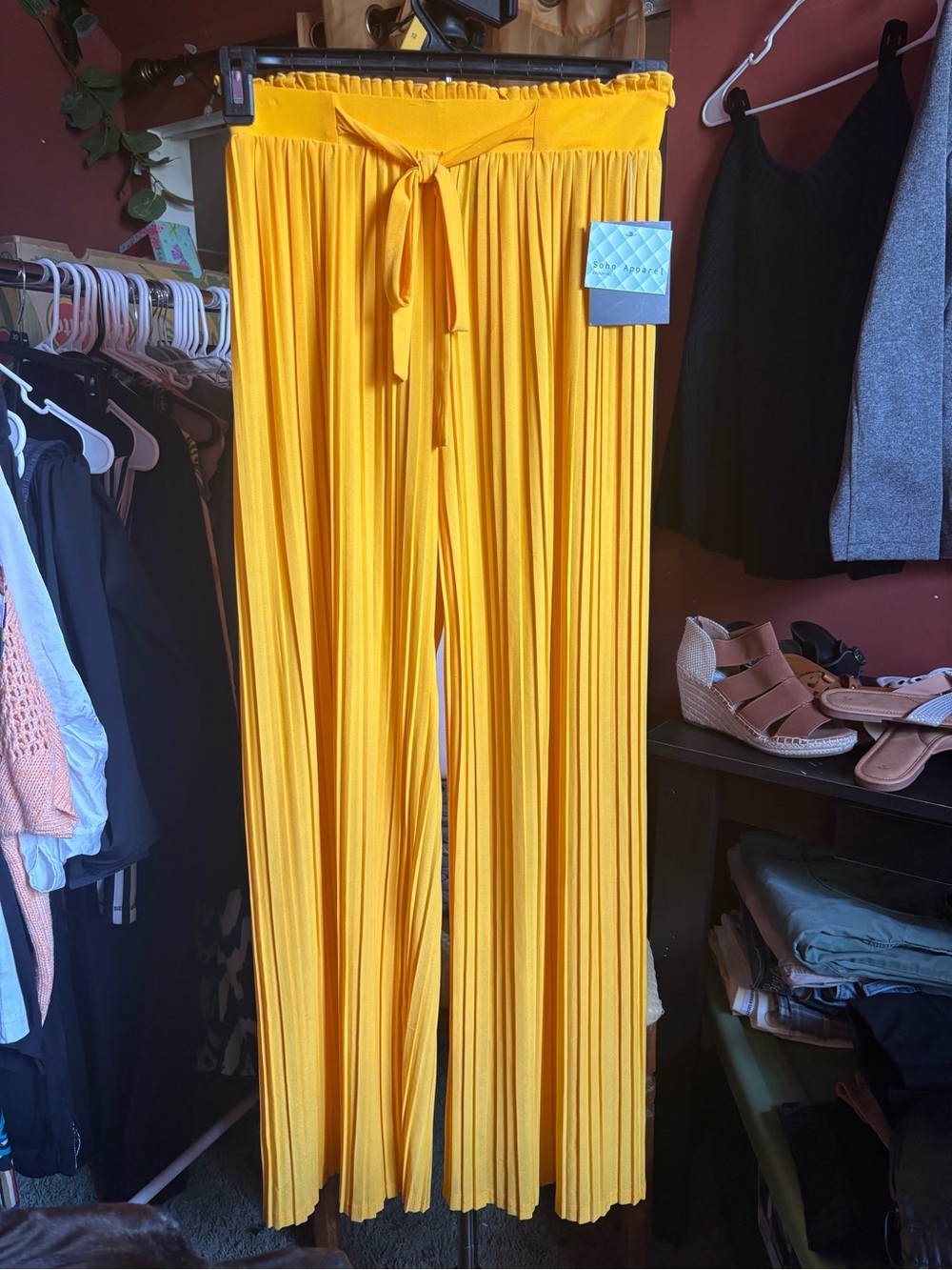 Soho Apparel Mustard Yellow Pleated Wide-Leg Pants with Tie Waist